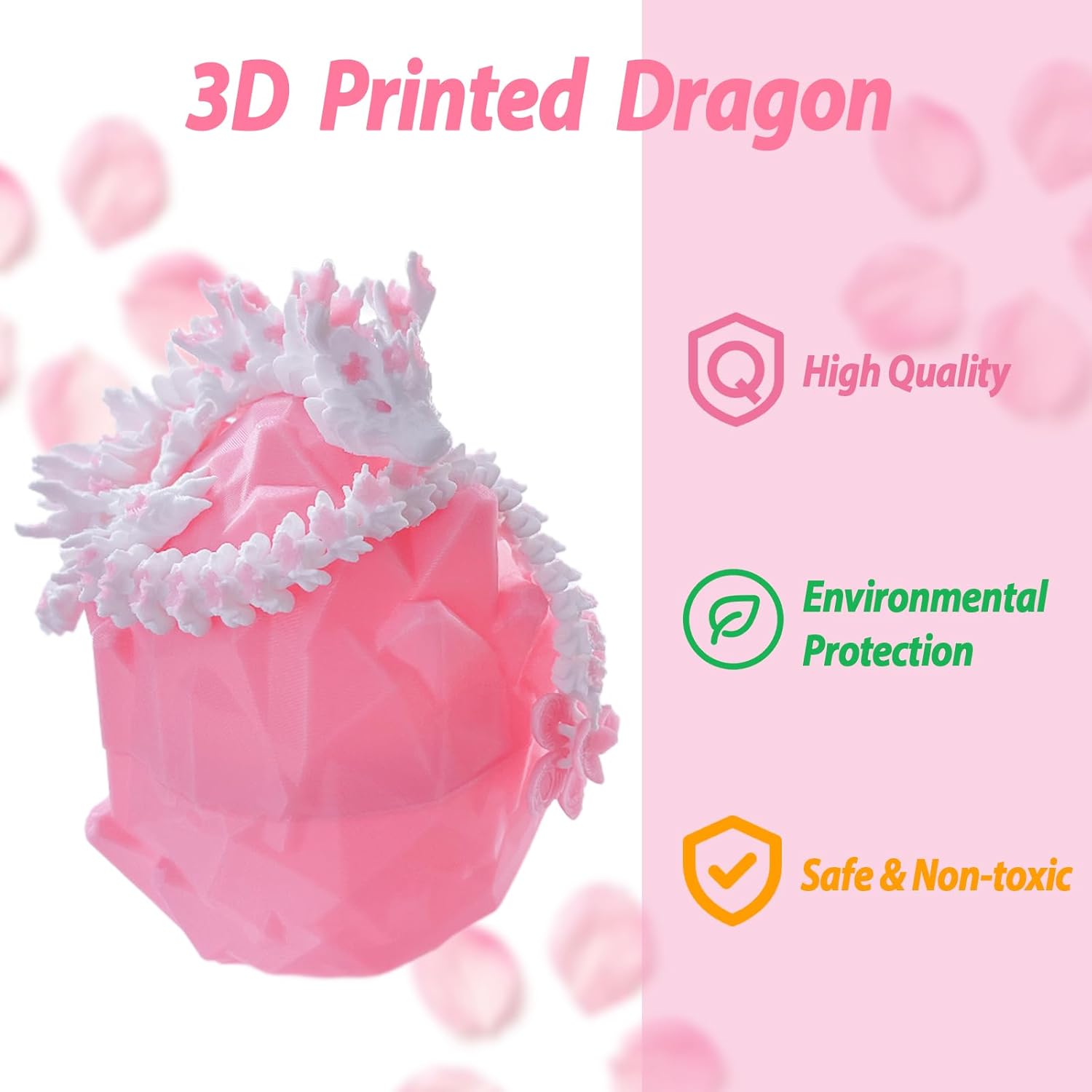 3D Printed Dragon – 11.8in Cherry Blossom Decor Dragons with Articulated Crystal Dragon Egg 3D Printed Fidget Toys for Desk Décor and Collectible