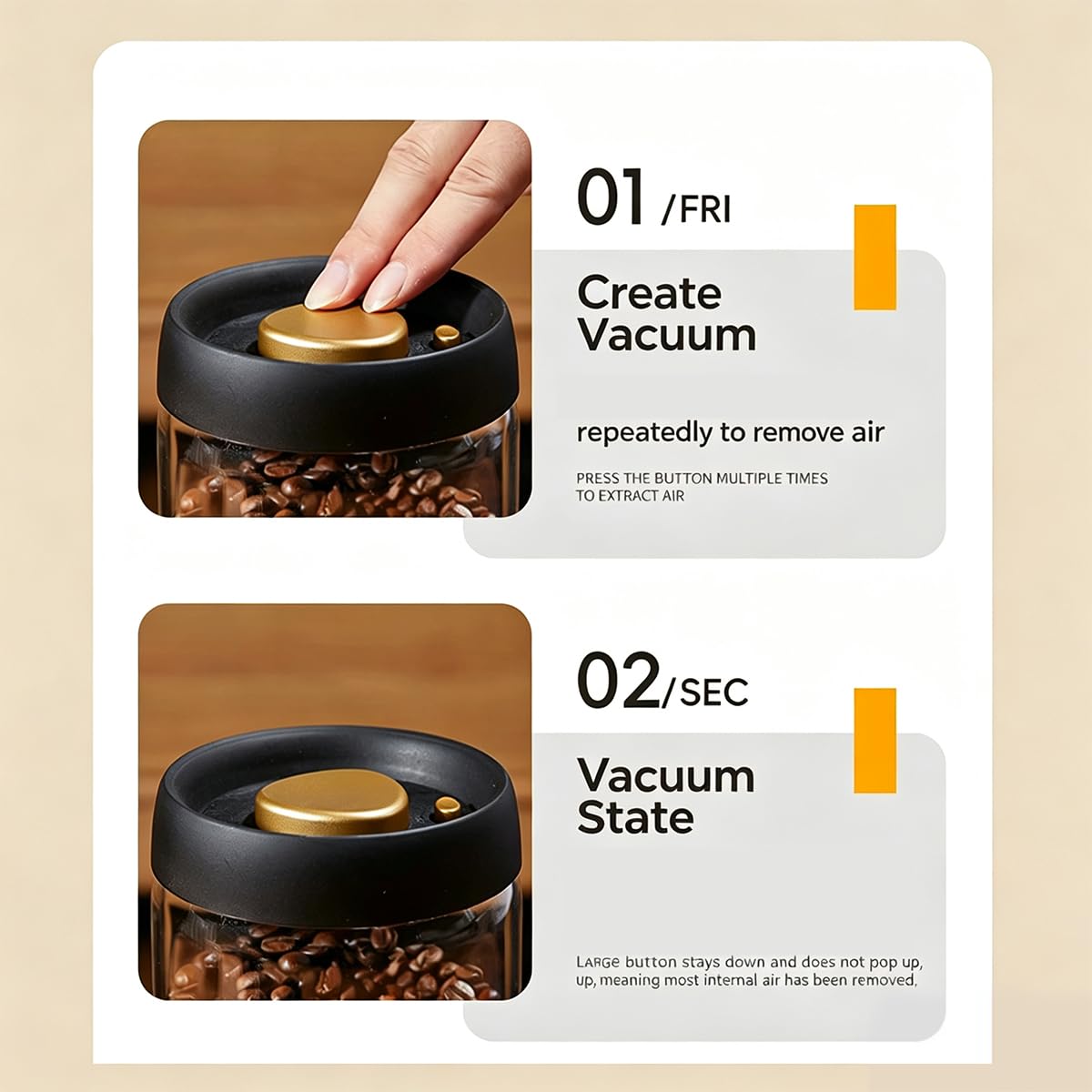 Vakuum Kaffeebohnen Glasbehälter, Luftdichte Vorratsdose mit Aromaschutz, Transparenter Kaffeeglas Gewürzbehälter für Küche，Ein Set mit 4