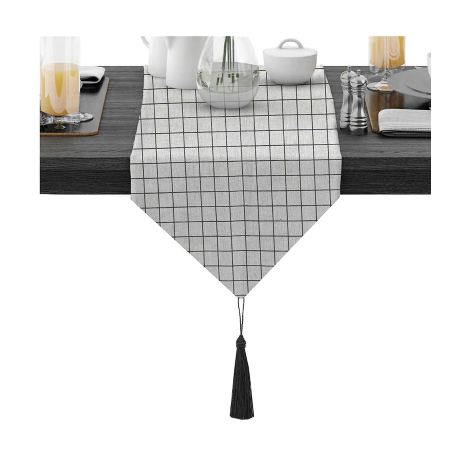 Aeici Camino de mesa de café de algodón, diseño de celosía, camino de mesa de 30 x 188 cm, moderno camino de mesa para comedor, color blanco y negro