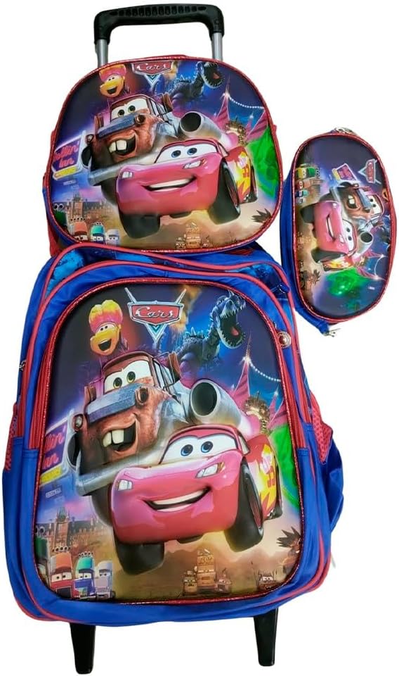 Kit Mochila Carros Para Meninos em 3D Alto Relevo com Rodinhas Infantil + Lancheira Térmica + Estojo Escolar