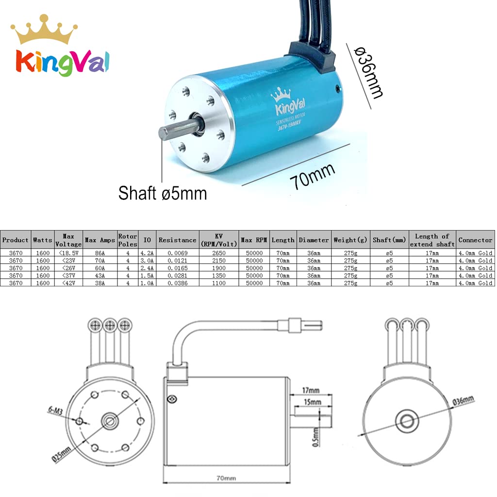 KingVal Replacement 3670 2150KV Sensorless Brushless Motor Shaft Diameter 5.0mm Compatible with 1/8 1/10 RC Car