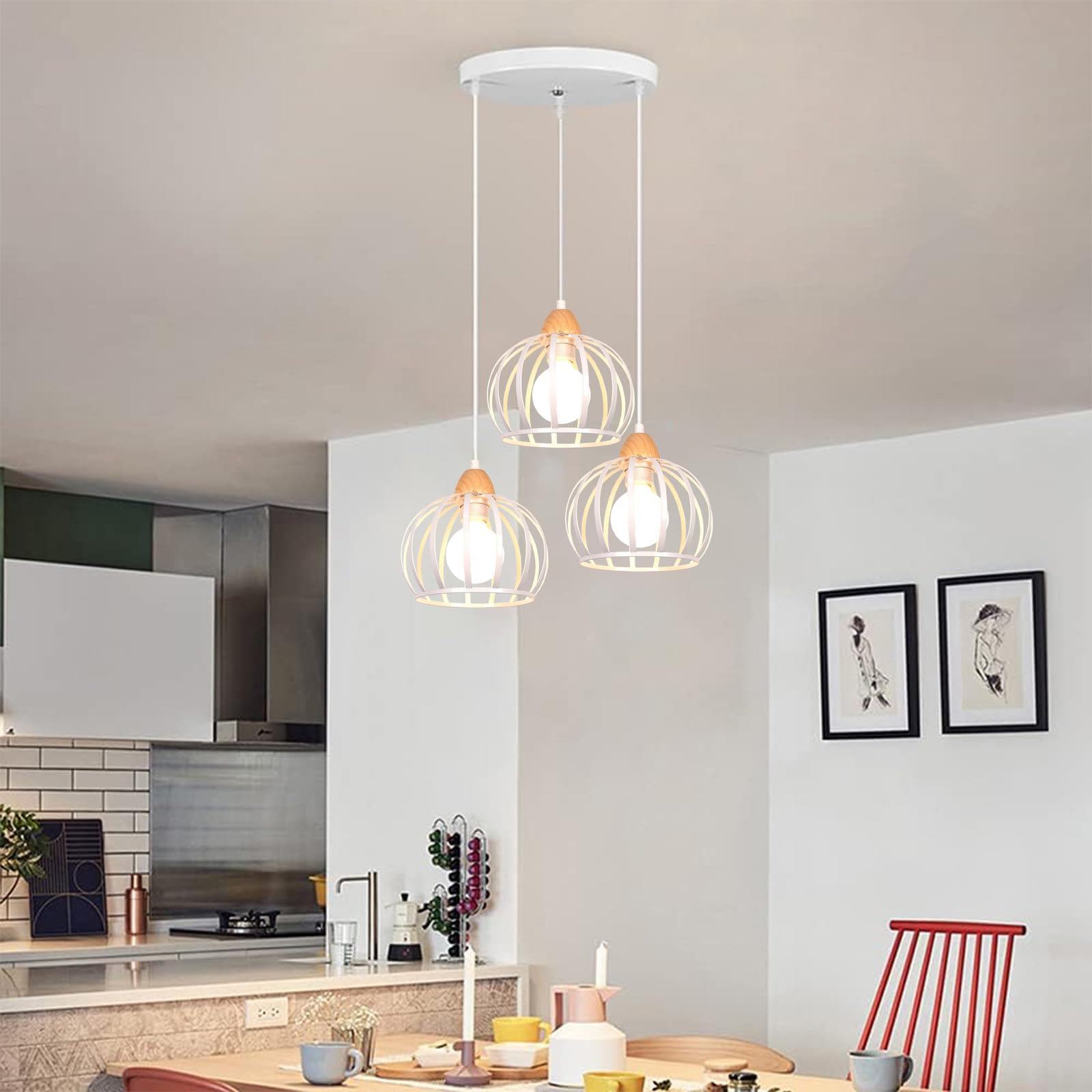 iDEGU 3 Luces Lámpara Colgante Vintage Lámpara de Techo en Madera y Metal Industrial Lámpara de Araña Diseño Jaula Retro Iluminación E27 Luz Colgante para Salón Dormitorio Cocina (Redondo, Blanco)