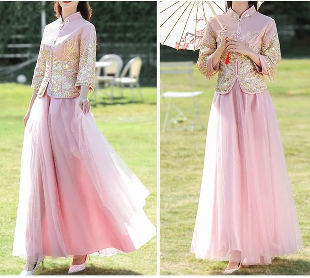 中国のピンクのブライズメイドドレス女性の花嫁のウェディングドレス中国風Xiuheチャイナドレスシスターグループドレスブライズメイドド