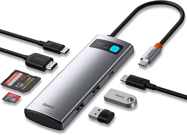 Baseus USB C Hub Multiport Adapter 7 in 1 Docking Station with 4K HDMI, 100W PD, USB-C and 2 USB 3.0 5Gbps Data Ports, SD/TF Card Reader for MacBook Pro, iPad Pro, Surface Pro, XPS and More