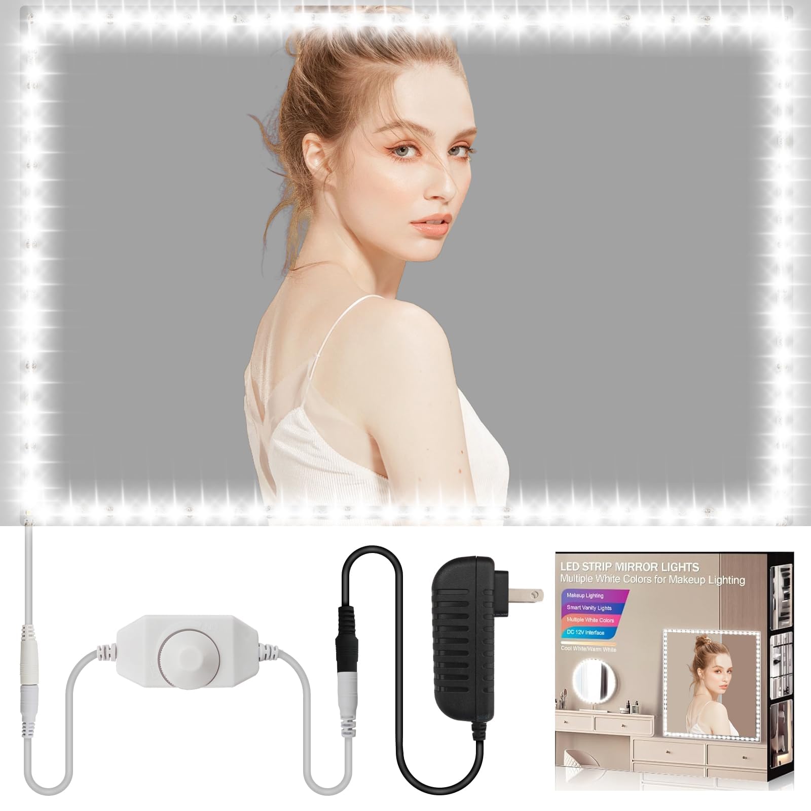 ABUDA LED Mirror Light Kit, 4M/13ft Flexible Vanity Mirror Lights 6000K White Light with Dimmer and Power Supply for Makeup, Bathroom, Dressing Room, Mirror not Included