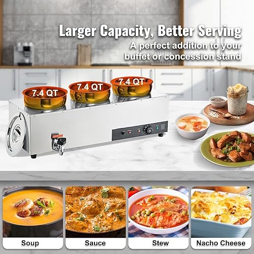 Miniatura 2 de Calentador de sopa Bain Marie - Estación eléctrica comercial de 1200 W con tres ollas de acero inoxidable de 7.4 cuartos de galón y botón de