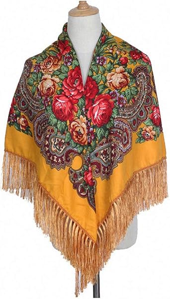 Women Russian Style Peony Floral Printed Long Tassel Large Square Scarf Warm Cotton Wrap Ethnic Mexican Shawl