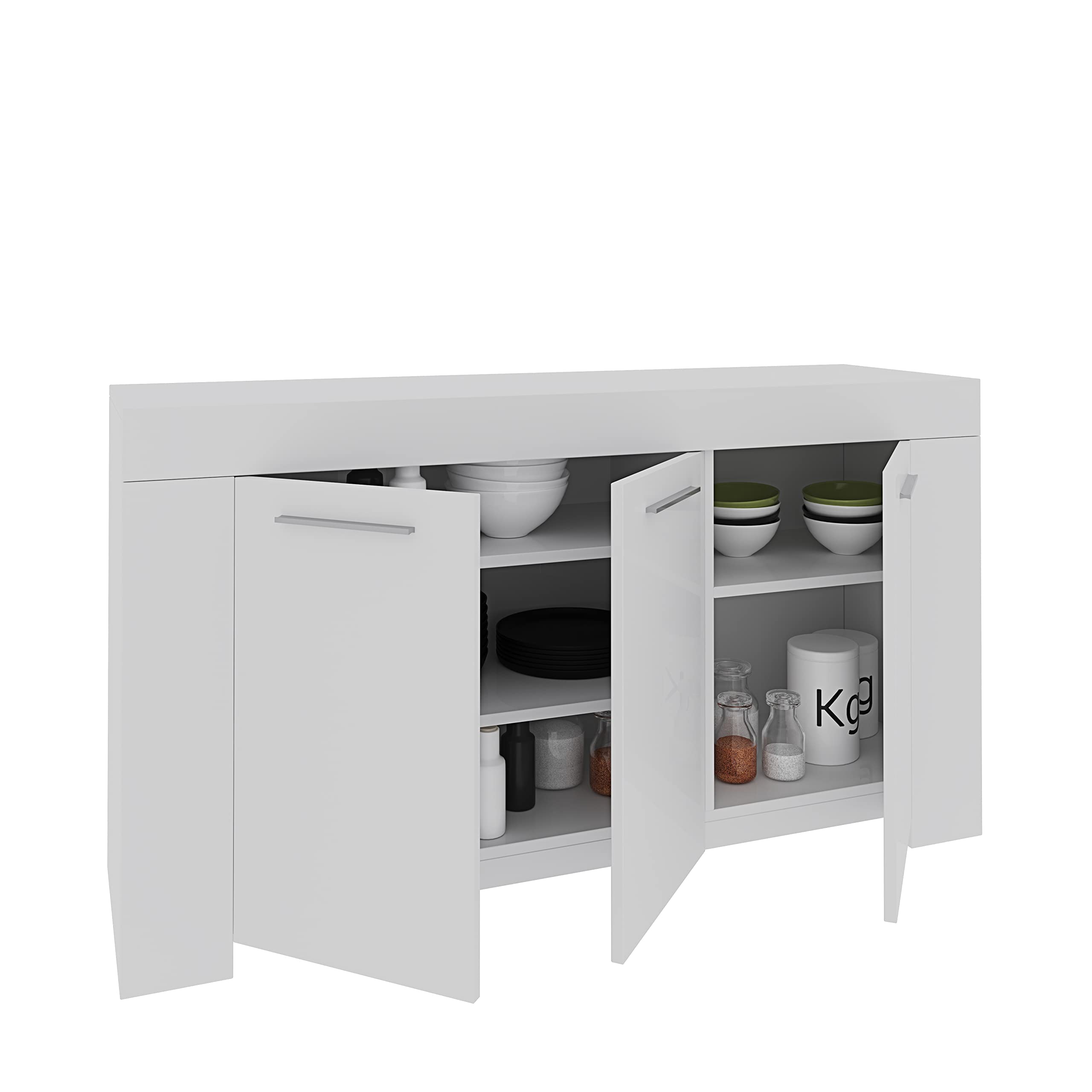 EGLEMTEK Nairobi Kredence 3 Drzwi, Kuchnia Salon Kuchnia, Wiara z Przedziałami Wielu Przestrzeń i 5 półek, Szafka Drewno, 144 x 80 x 42 cm, Kolor Biały