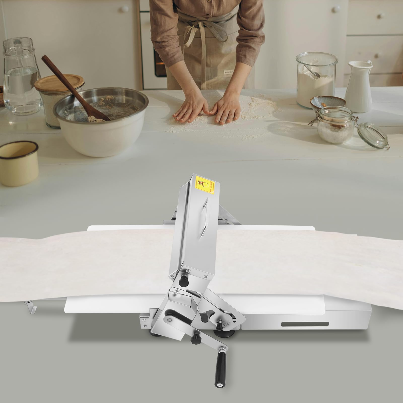 Teigausrollmaschine, Edelstahl Manuell Teigausrollmaschine mit Einstellbarer Dicke, Pizza Teigausroller, Pizzateigroller, Manuelle Teigstärke, für Geschäfte und Food Courts