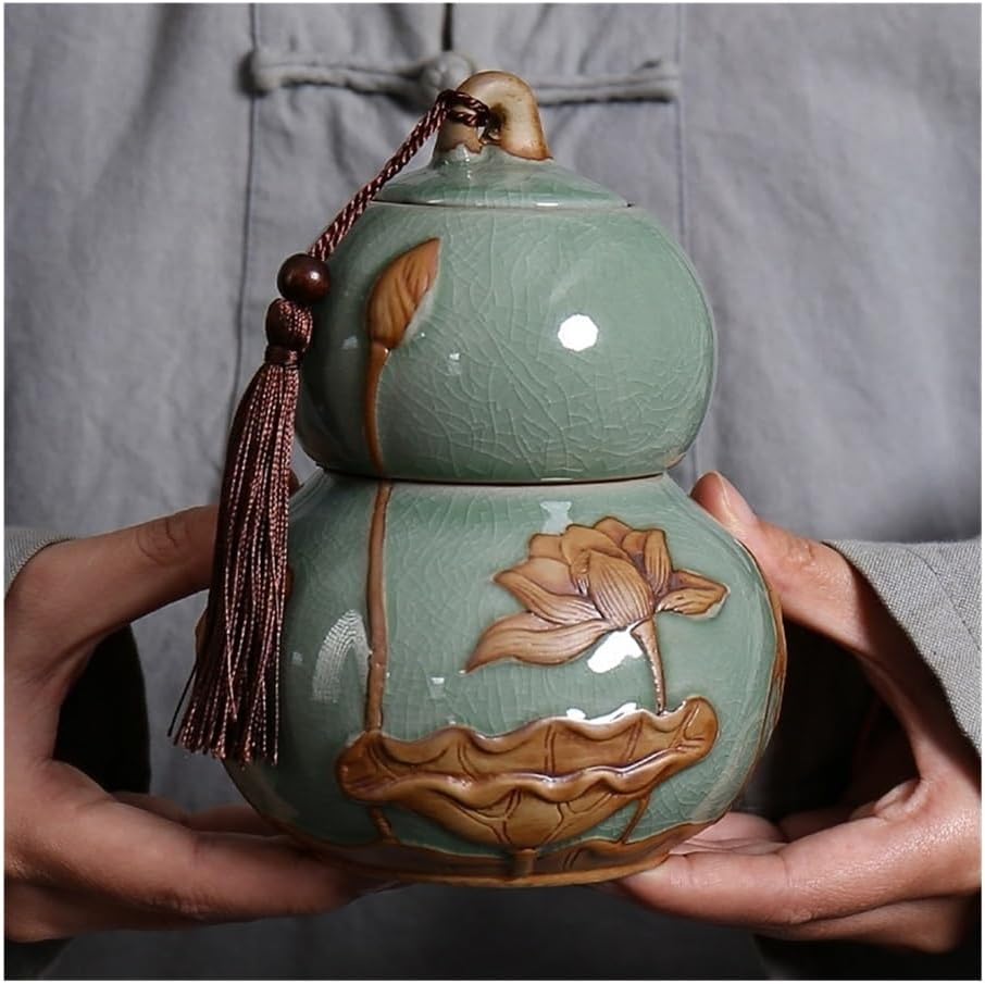Tea Container Gourd Tea Caddy With Airtight Lid And Carrying Handle Ceramic Loose Storage Tin(Green,Large)
