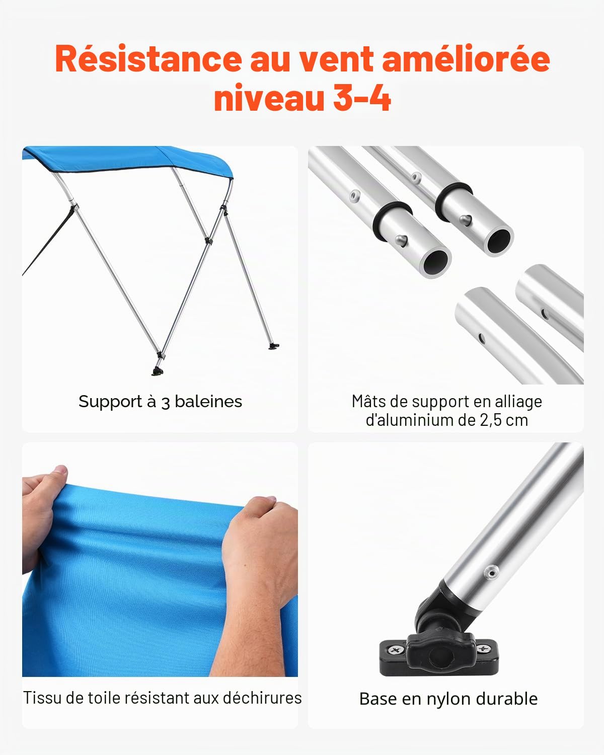 VEVOR Bimini pour Bateau à 3 arceaux, 182x117x155-167 cm, taud de Soleil avec Cadre en Alliage d'aluminium, Toile en Polyester 600D, Sac de Rangement, 2 poteaux de Support, 4 Sangles, Bleu Pacifique