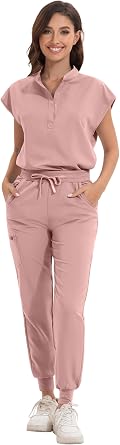 Scrub for Women Set - Stretch Scrub Top & Jogger Pants Mandarin Collar Anti-Wrinkle Scrub Suit Medical Uniform Pink, Medium