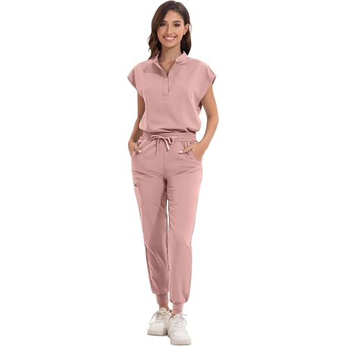 Scrub for Women Set - Stretch Scrub Top & Jogger Pants Mandarin Collar Anti-Wrinkle Scrub Suit Medical Uniform