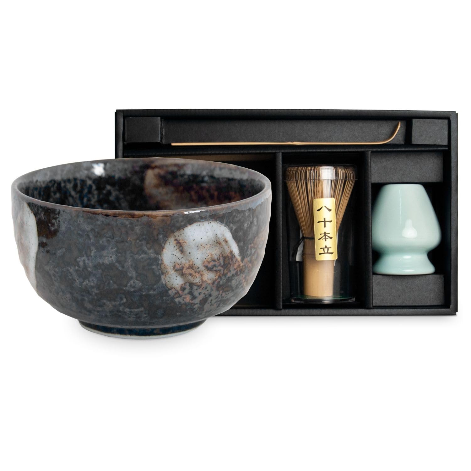 Matcha Schale Set aus Japan in Geschenkbox Matchaschale inklusive Bambus Besen, Bambus Löffel und Besen Ablage (TENMOKU)
