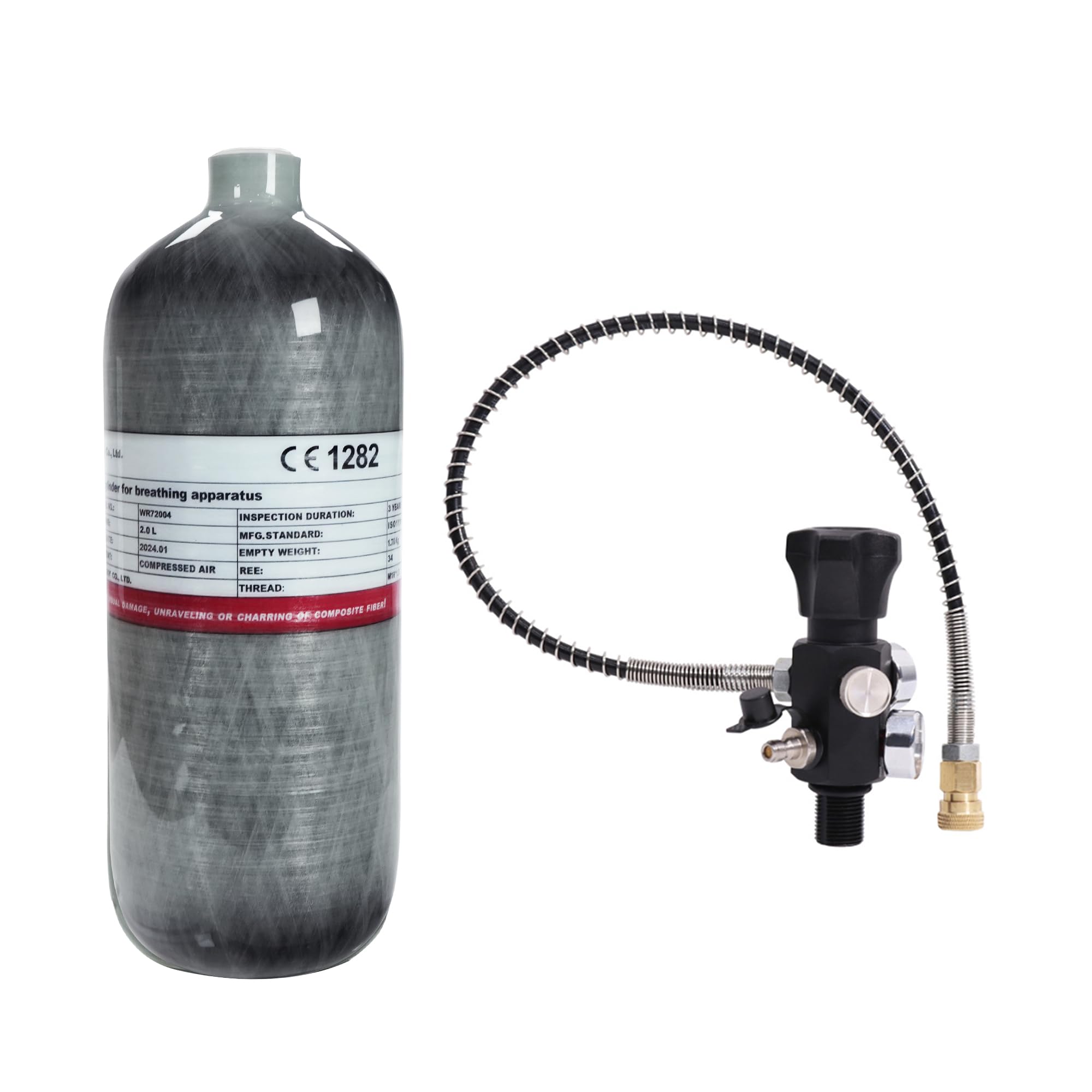 TUXING 2L/122ci Carbon Fiber Paintball HPA Air Tank,4500psi PCP Air System Dual Gauge Valve 24-inches High Pressure Hose with Double Quick Diconnect, 2L+155
