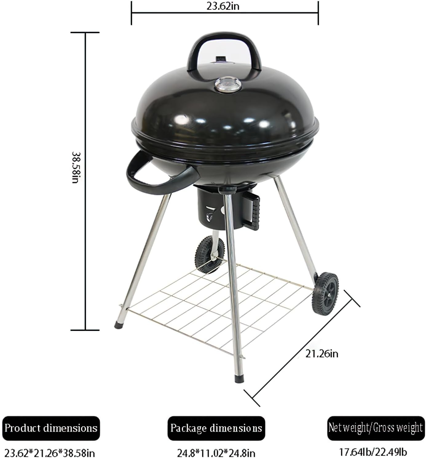 22-Inch Portable Charcoal Grill, Black Steel, 362 Sq. In. Cooking Surface, Wheeled Stand with Storage Rack, 23.62x21.26x38.58 Inches, for Outdoor BBQ