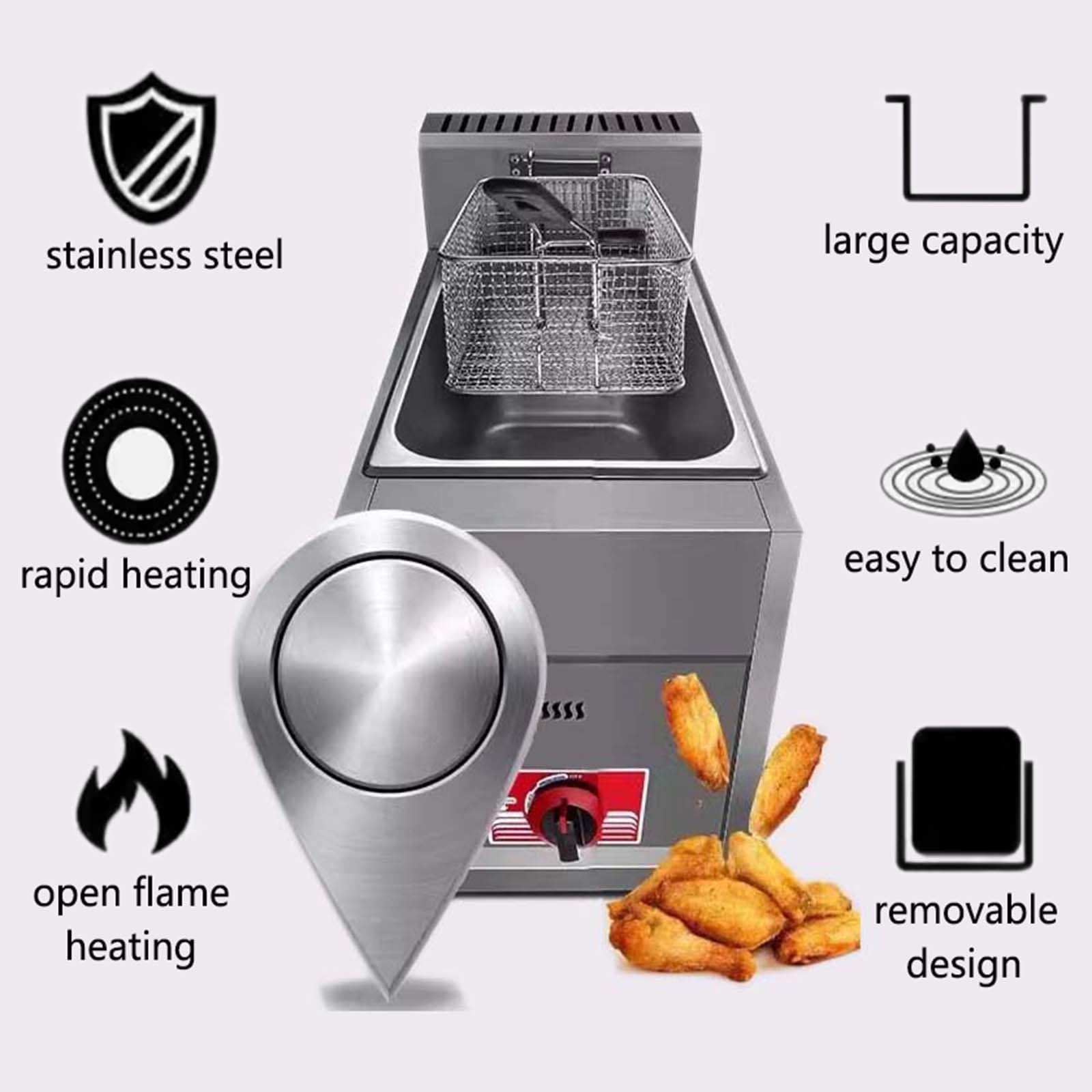 Friggitrice a Gas, Friggitrici in Acciaio Inox con Cestello e Coperchi, Temperatura Regolabile, Friggitrice per Casa Cucina Ristorante Commerciale