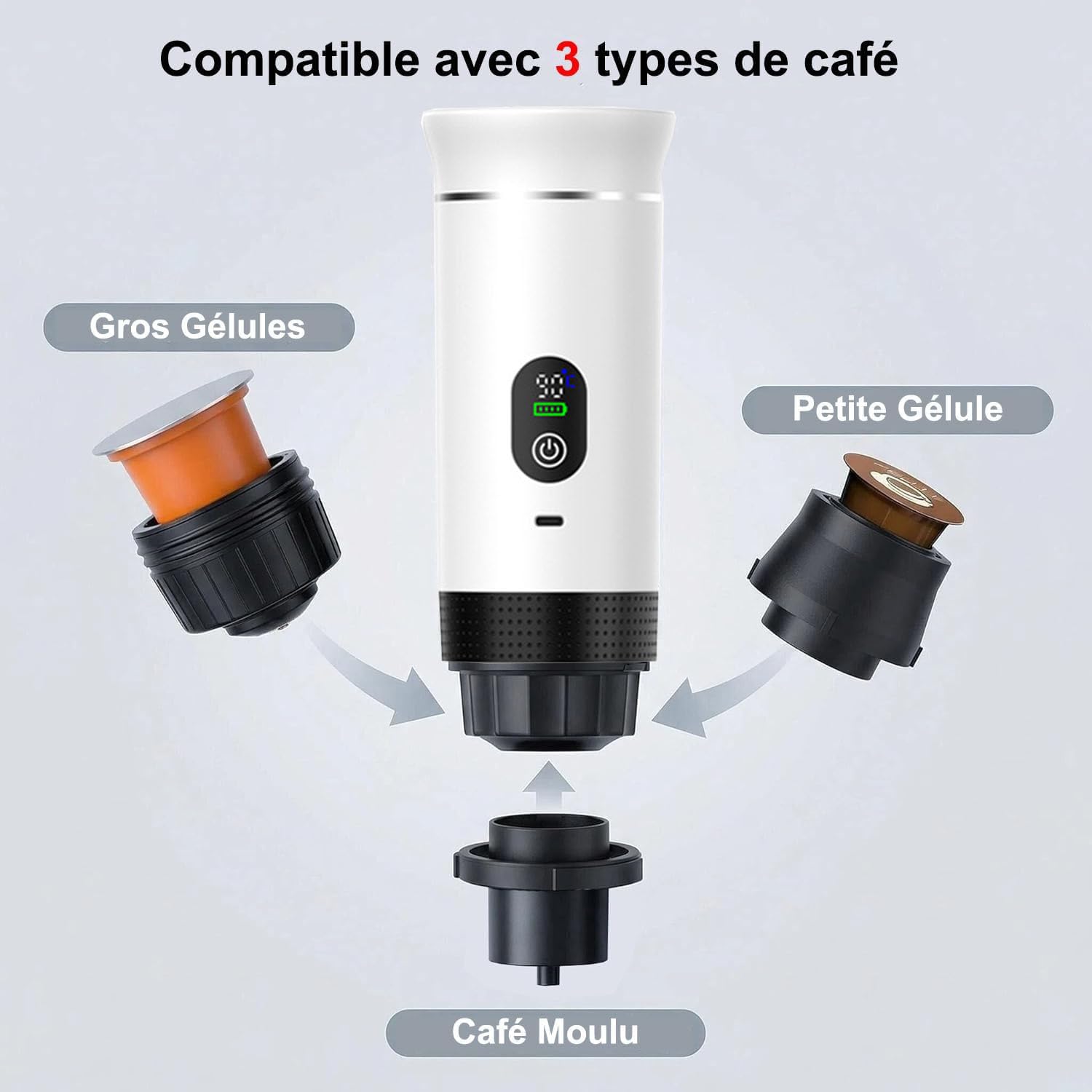 3 En1 Machine à Café Portable de Voyage,pour RV, camping,randonnée, bureau | Avec auto-chauffage,avec Charge USB-C,Cafetière avec café moulu et capsule NS,Machine à café électrique portable