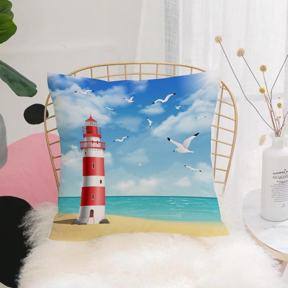 HYOSXW Cushion Cover,Throw Pillow Case Home Decorative for Living Room Bedroom Sofa Chair 16X16 Inch,Lighthouse, red and white tower with seagulls on the coast background,Pillowcase 40X40cm
