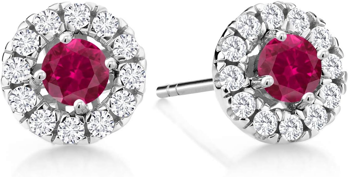 Gem Stone King 14K White Gold 3.5MM Round Gemstone Birthstone and White Lab Grown Diamond Halo Earrings | Center Stone: 3.5MM | Gold Earrings for Women