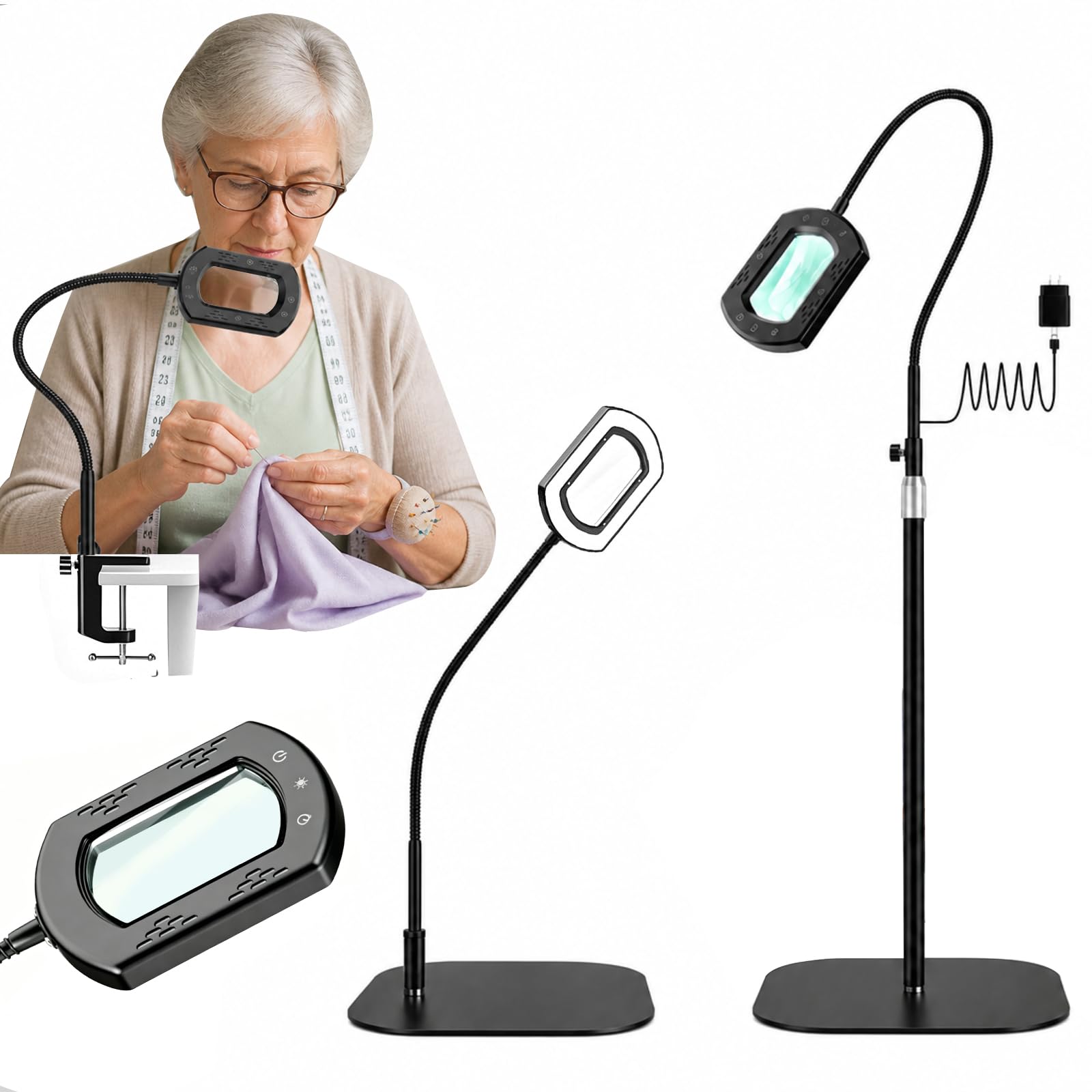 Lupa de pie 10 aumentos, 3 en 1 con 60 LED y cuello de cisne flexible, con abrazadera, 5 modos de color y brillo regulable, práctica lupa de lectura para personas mayores en el escritorio