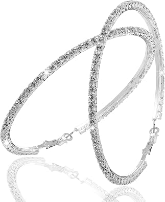 80mm Large Rhinestone Hoops, Crystal Rhinestone Hoop Earrings, Sparkly Big Hoop Earrings, Women Party Dance Fashion Jewelry for Sensitive Ears, Silver