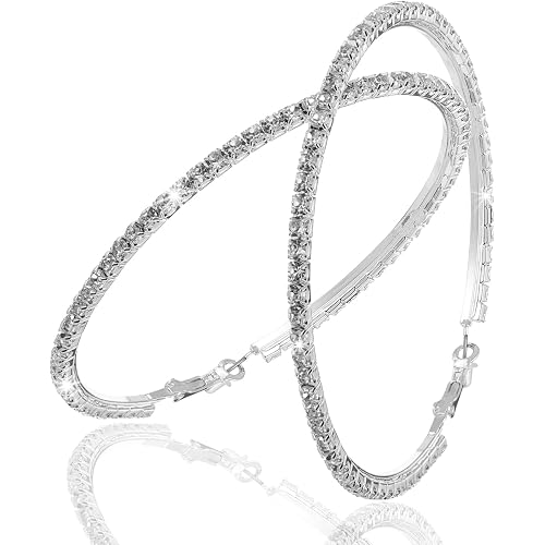 80mm Large Rhinestone Hoops, Crystal Rhinestone Hoop Earrings, Sparkly Big Hoop Earrings, Women Party Dance Fashion Jewelry for Sensitive Ears, Silver