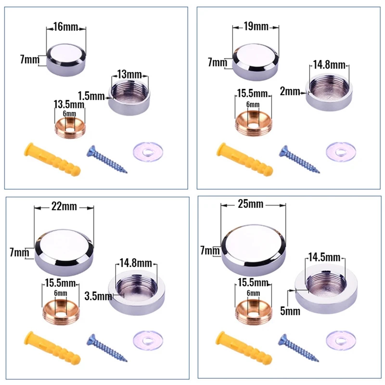 Tapa decorativa con tornillos 20 piezas sujetadores de vidrio for uñas, tornillo de fijación de espejo, cubiertas de acero inoxidable, herrajes for muebles(Bright Chrome,19mm)