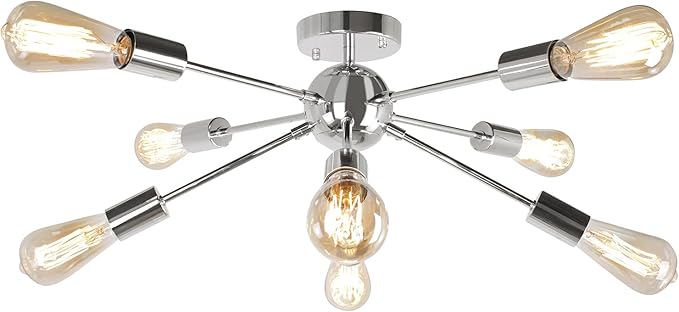 JHLBYL JHLBYL Sputnik Kroonluchter Modern 8-Vlammig Vintage Zilver Metaal Semi Flush Mount Hanglamp Voor Slaapkamer Woonkamer Eetkamer Keuken