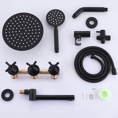 Miniatura 7 de FSCEPIXI Grifo de ducha de 3 manijas, juego de grifo de ducha con boquilla de bañera, sistema de ducha completo para bañera y ducha, color negro mate