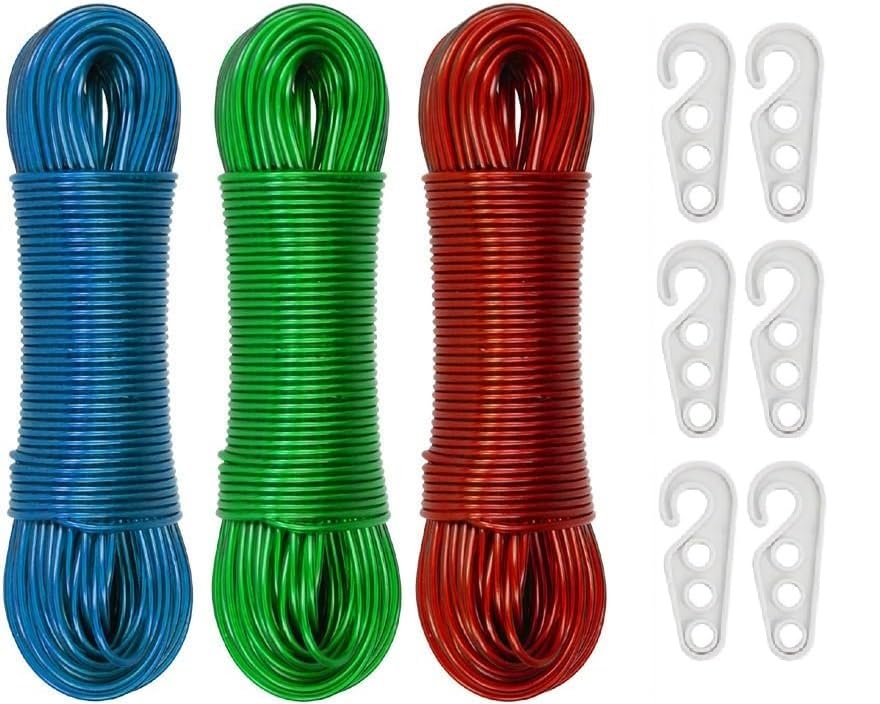 Image of 20 Meters Strong Steel Core Clothes Line with 6 Pcs Plastic Hooks, PVC Coated, Weather & Rust Resistant, Easy to Use, Indoor, Outdoor, Garden, Laundry Rooms & Camping (Multicolor) Pack of (3)