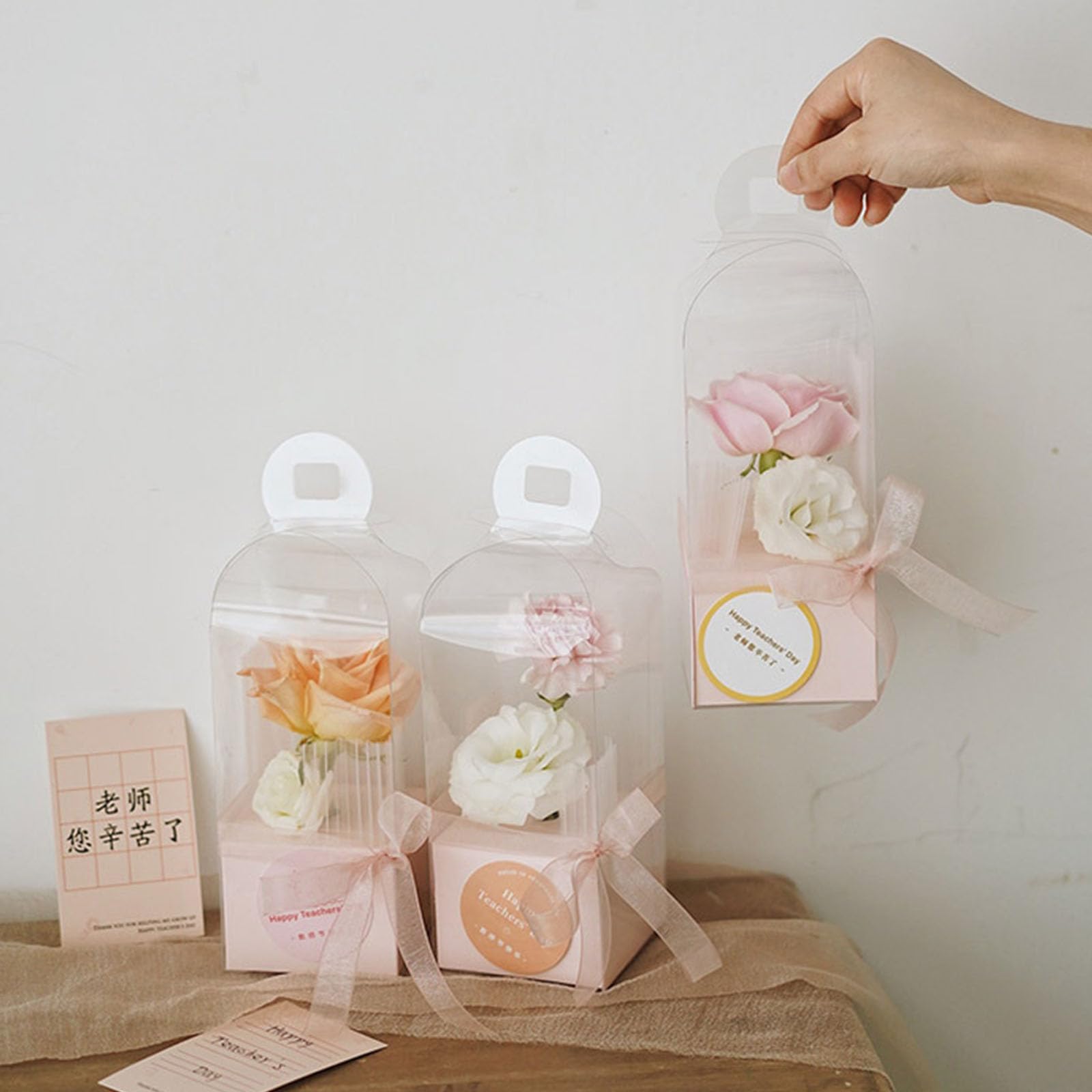 10 pezzi portatile in PVC singolo Rose Flower Box Floral Display Case con maniglie per fiori secchi e decorazioni per feste scatola di nozze con manico