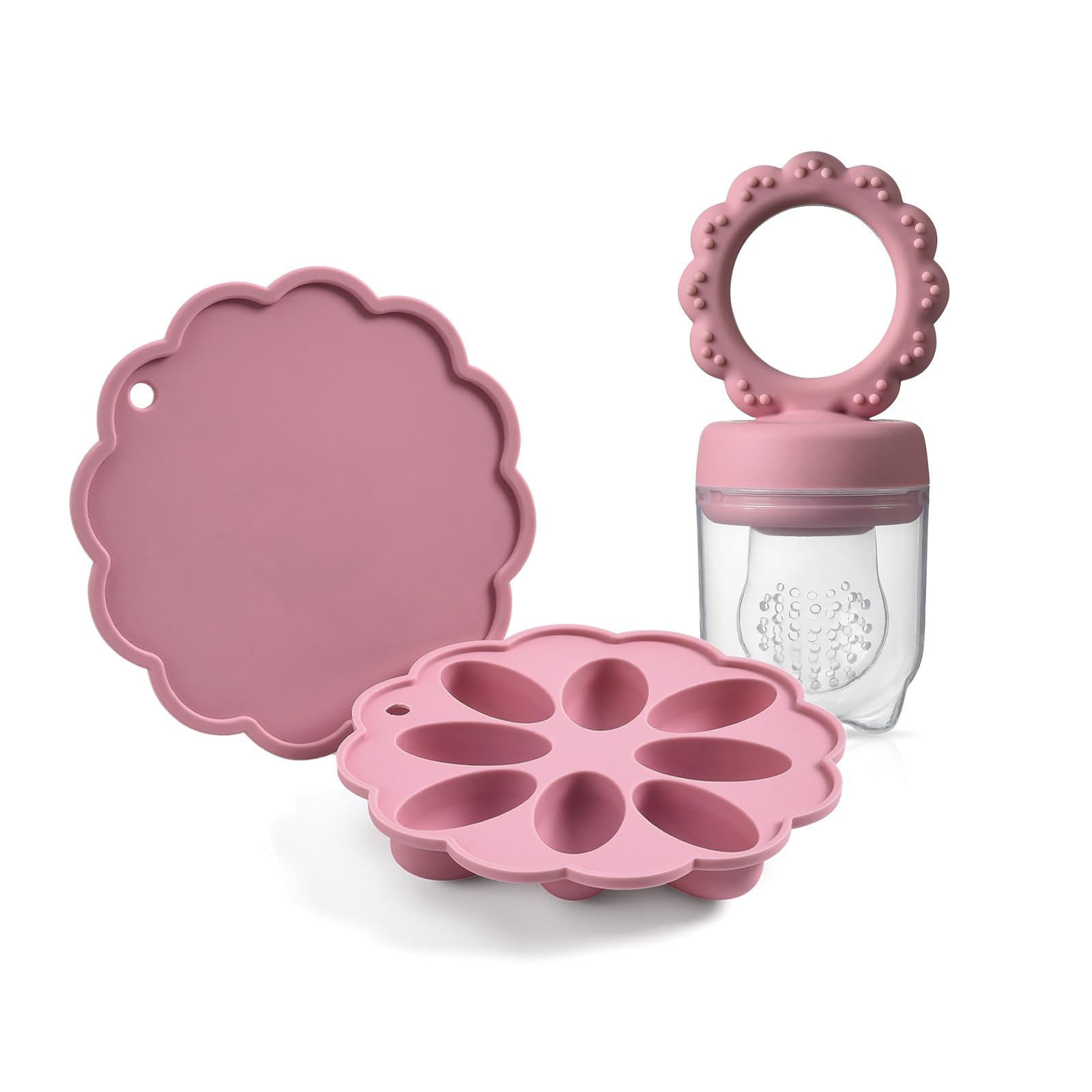 Baby Fruit Food Feeder & Mini Popsicle Ice Tray Set, BPA Free Silicone Baby Feeder for Safe Solid Food Feeding, Breastmilk Popsicle Molds for Cooling Relief, 4 Month+ (Pink Set)