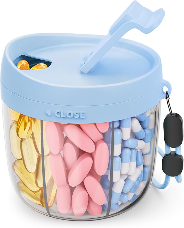 Lindo dispensador de pastillas con diseño antimezcla, 7 ranuras, sin BPA, patentado | Organizador portátil de pastillas de viaje, boca ancha para fácil acceso, organizador de frascos de pastillas para vitaminas, aceites de pescado, suplementos, azul