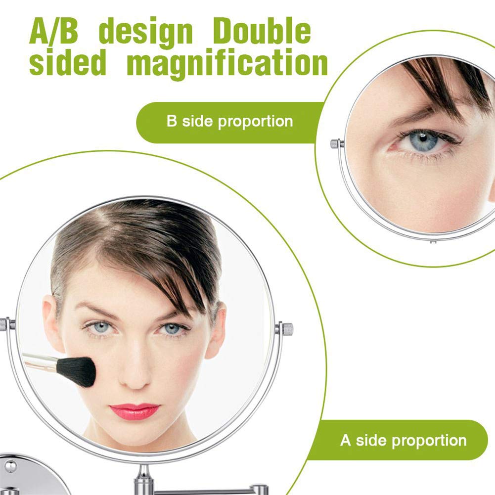 Espejo de maquillaje Montaje en pared, con Luz LED Giratorio de 360° Aumento de 3X Espejo de baño de Doble Cara Espejo de belleza plegable de Forma Redonda extensible,Silver_8inch (Silver 8i