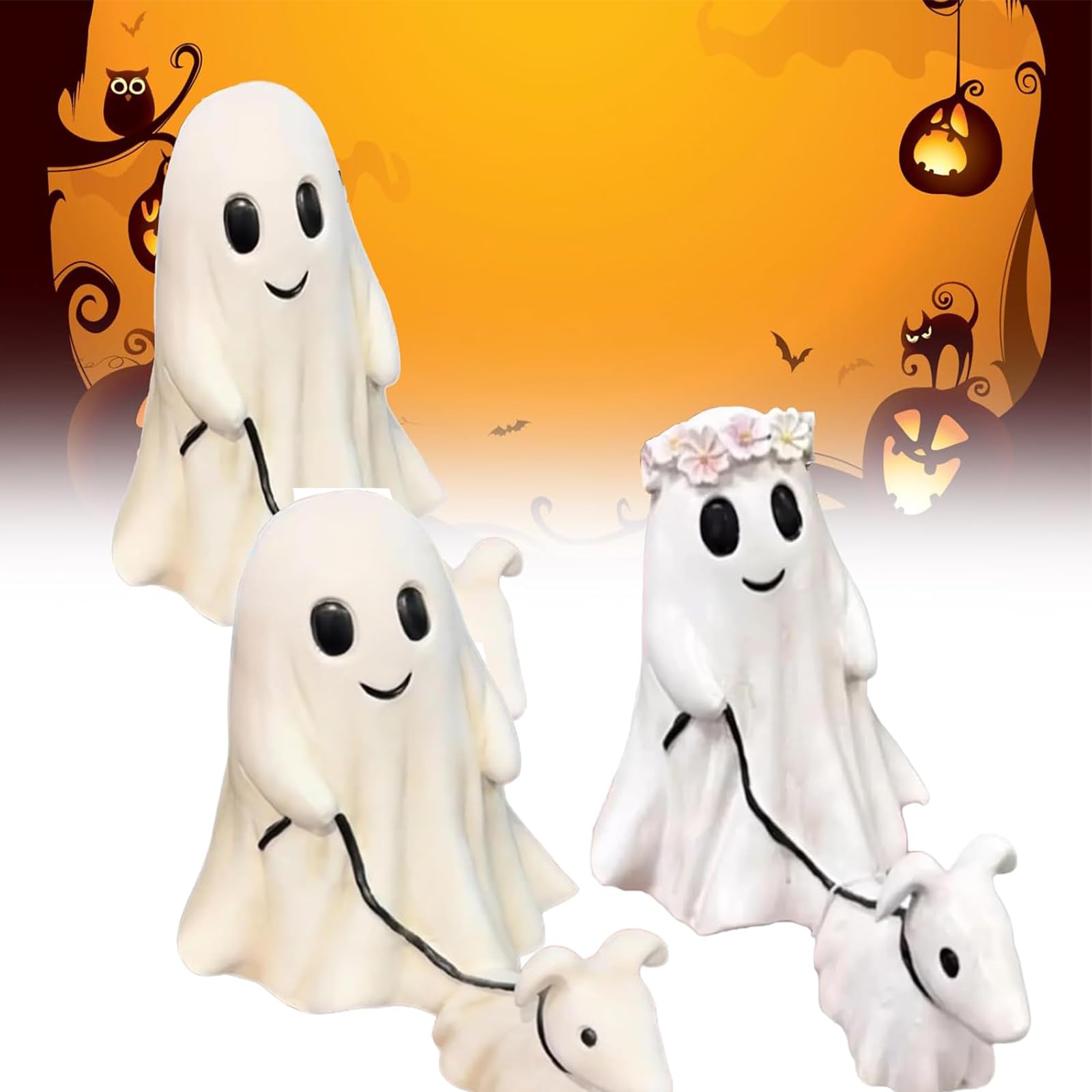 Halloween Ghost Walking Dog Statue, Spooky Ghost Dog Halloween Figurine, Ghost Walking His Ghost Dog, Halloween Ghost Dog Statues, Halloween Ghost Dog Decor, Ghost Walking Ghost Dog (3PC-MIX2)