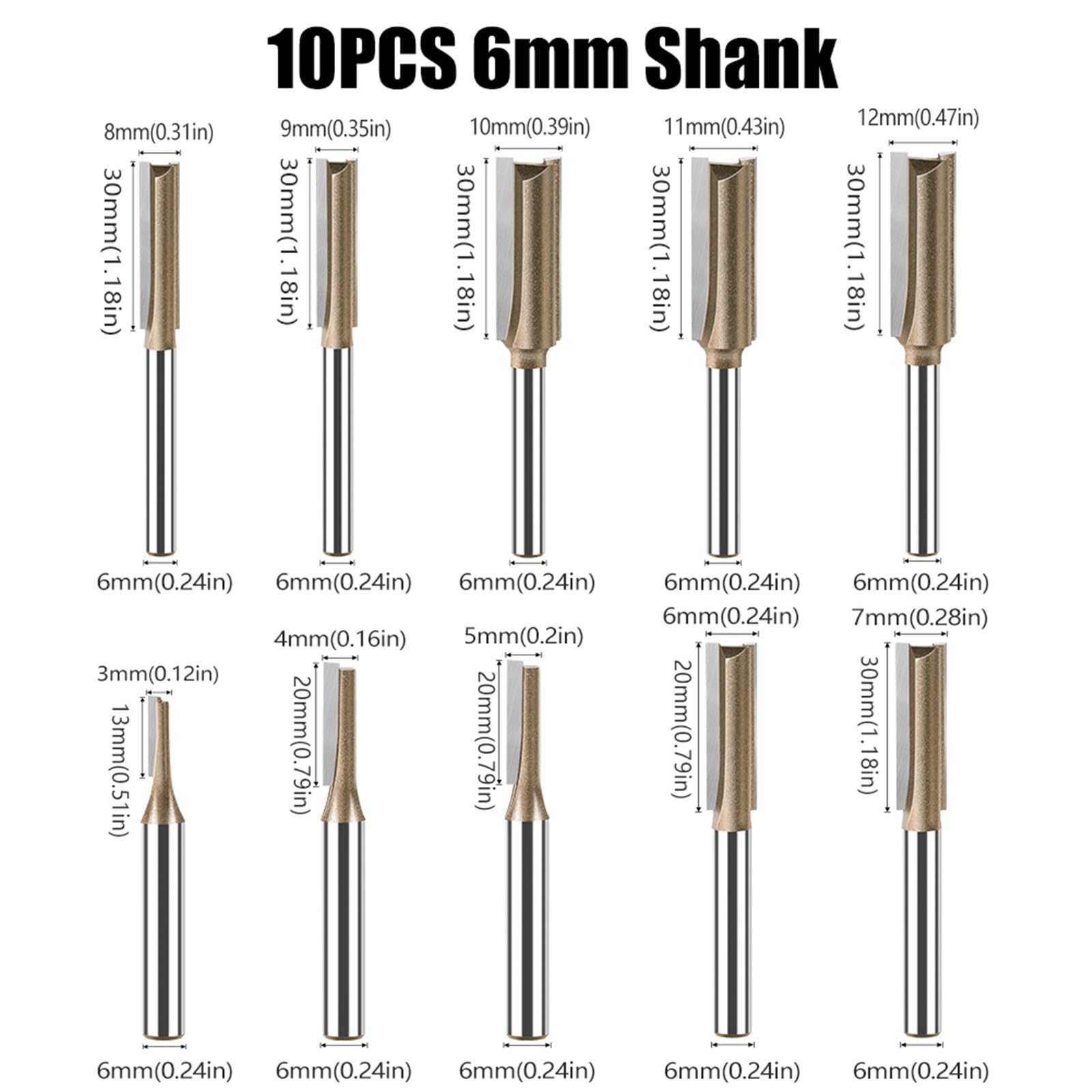 Broca Recta CNC De Vástago De 6mm, Embellecedor Al Ras, Broca Enrutadora De Doble Flauta, Fresa De Carburo De Tungsteno, Herramientas De Carpintería, 1 Ud.(10PCS 6mm Shank)