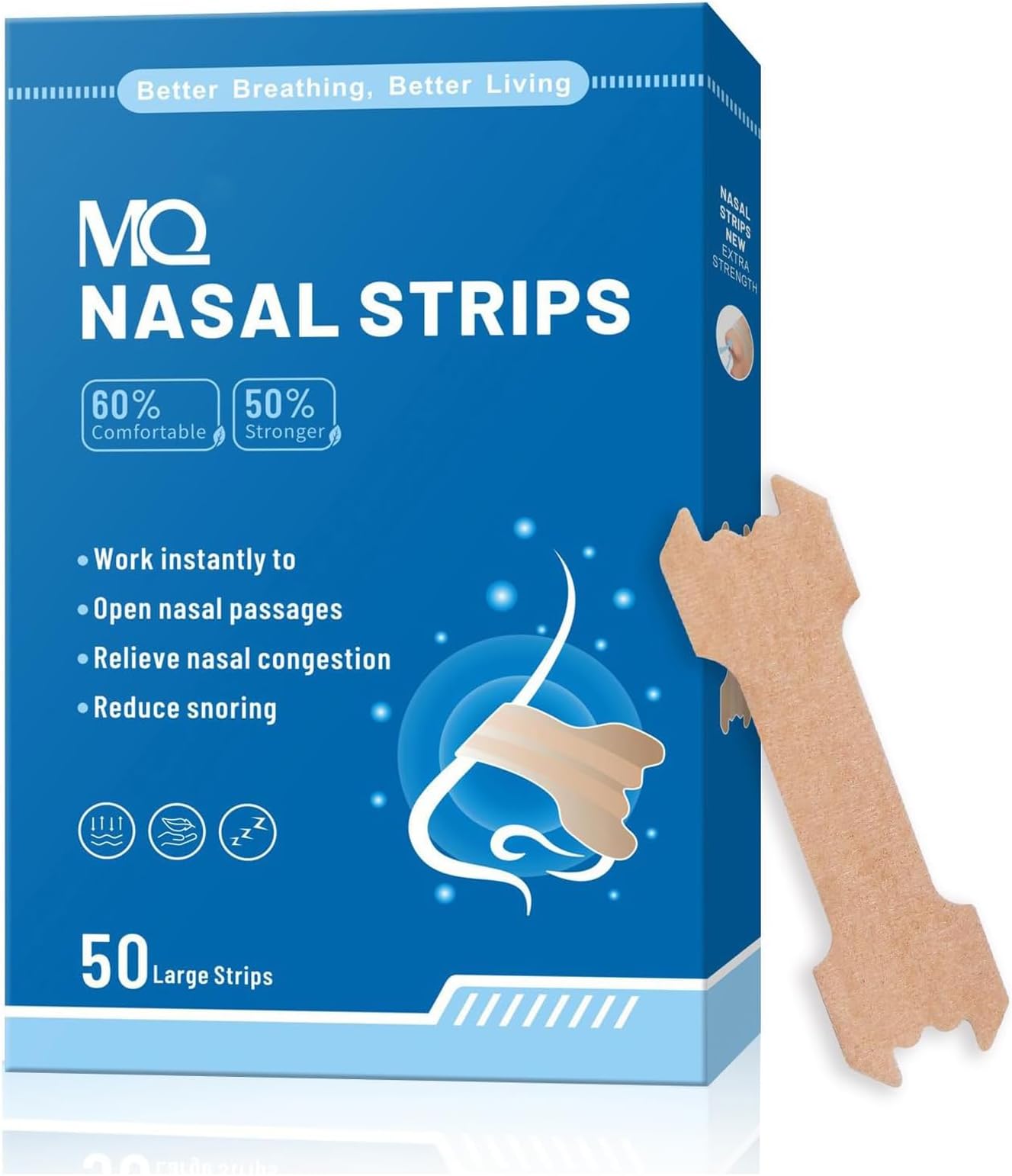 MQ 50ct Nasal Strips for Snoring Nose Strips for Breathing Extra Strength Snore Strips to Open Nasal Passages, Relieve Nasal Congestion
