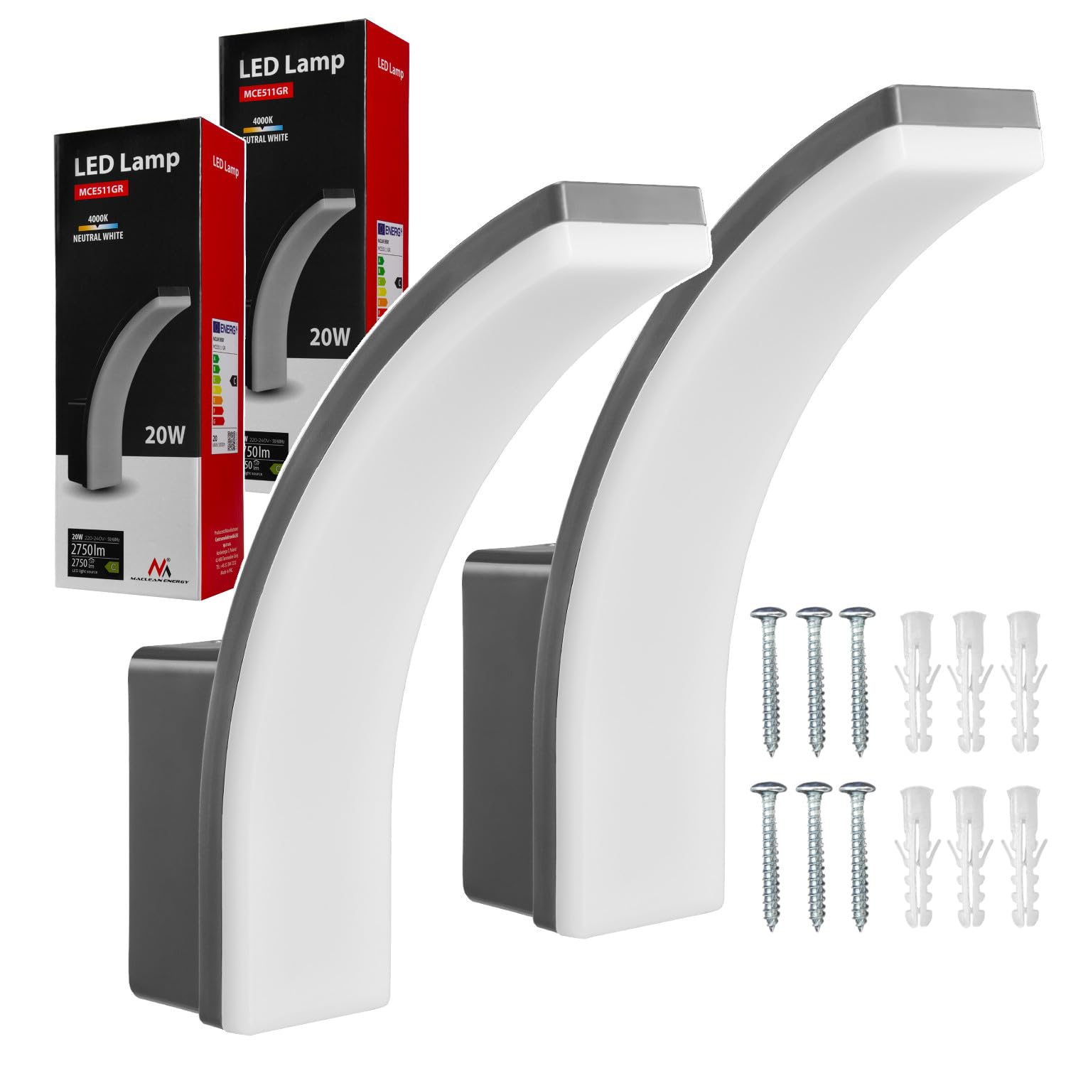 Maclean MCE511 Aplique LED, Iluminación de Pared para Interior y Exterior, Lámpara 20W, IP65 Resistente al Agua, 2750lm, Blanco Neutro 4000K, Rango de Detección: máx. 10m (2 unidades, Gris)