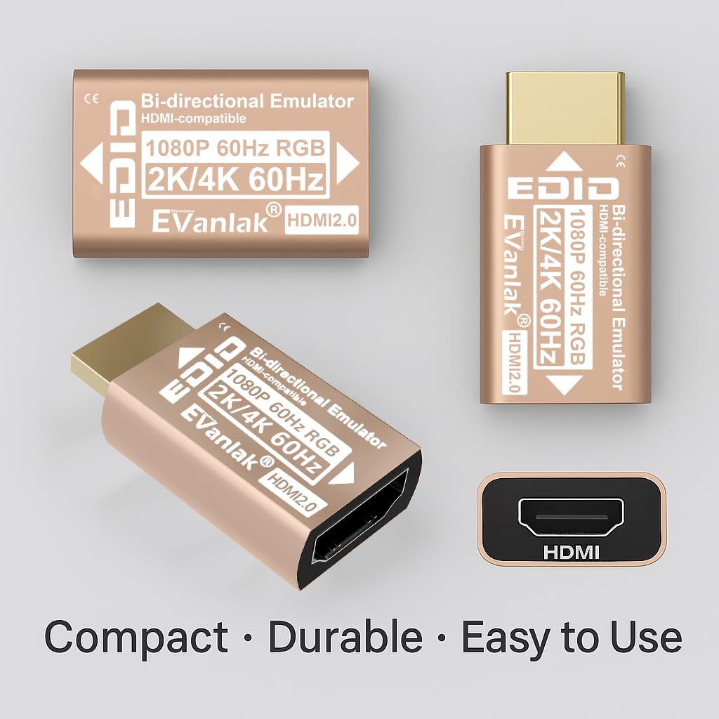 EVanlak Adaptador de emulador HDMI EDID, enchufe simulado, pantalla virtual sin cabeza, paso HDMI 1080P @60Hz a 4K @60Hz, bidireccional, dorado -1P