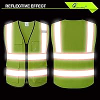 Vista 5 de Chaleco de seguridad de malla reflectante para hombres y mujeres, con 5 bolsillos y cremallera frontal, chaleco de malla de alta visibilidad Hi Vis