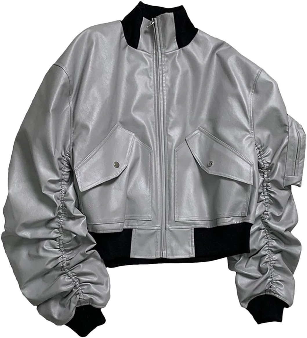 Men’S Faux Leather Jacket Cotton Lined Stand Collar Long Sleeve Zip Up Luxury Coat