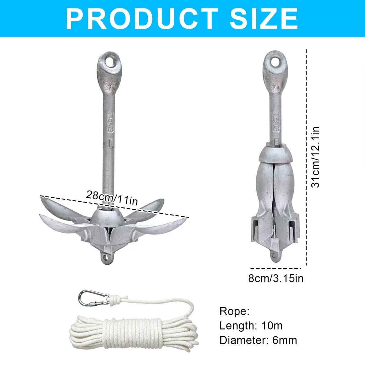 Faltklappanker Anker Klappanker 1.5 kg - Bootsanker Set mit 20 m Ankerleine - SUP Anker faltbar mit Boje und Tasche - Boot Anker für Kajak Kanu Schlauchboot Jetski - Feuerverzinkter Karbonstahl