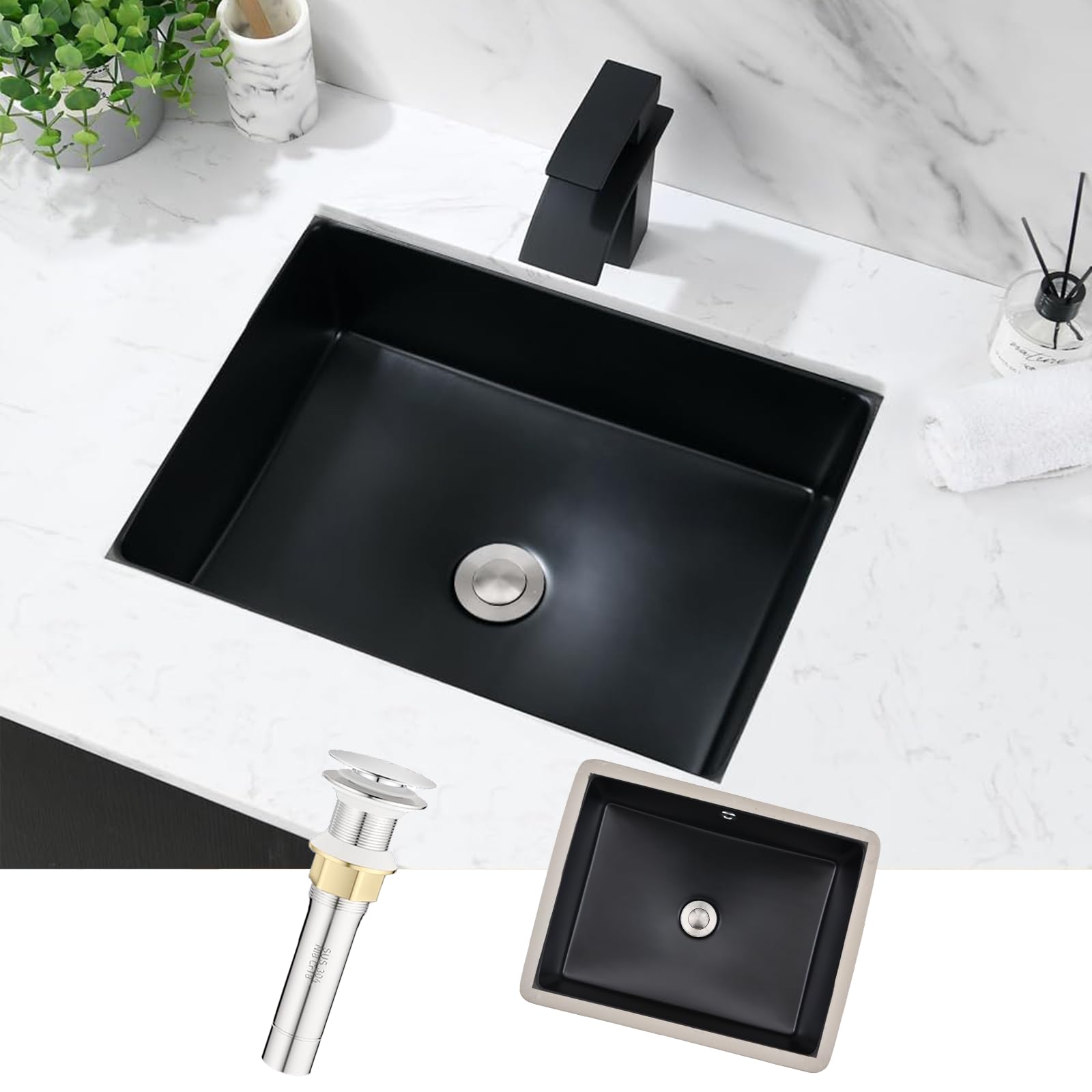 Schwarzes Keramik Unterbauwaschbecken 50x38x18 cm Rechteckig mit Überlauf - Einbauwaschbecken für Badezimmer & Gäste WC, inkl. Pop-up Ablauf Edelstahl