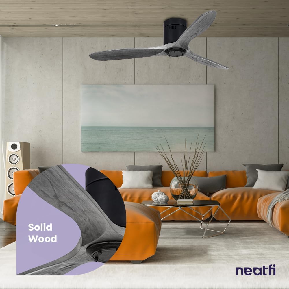 Neatfi Reversible Low Height Ceiling Fan, 6-Speed, DC Motor, 3 Solid Wood Blades, Flush Mount Indoor Ceiling Fan No Light with Remote for Kitchen, Bedroom & Living Room (Dark Gray, 52 Inches)