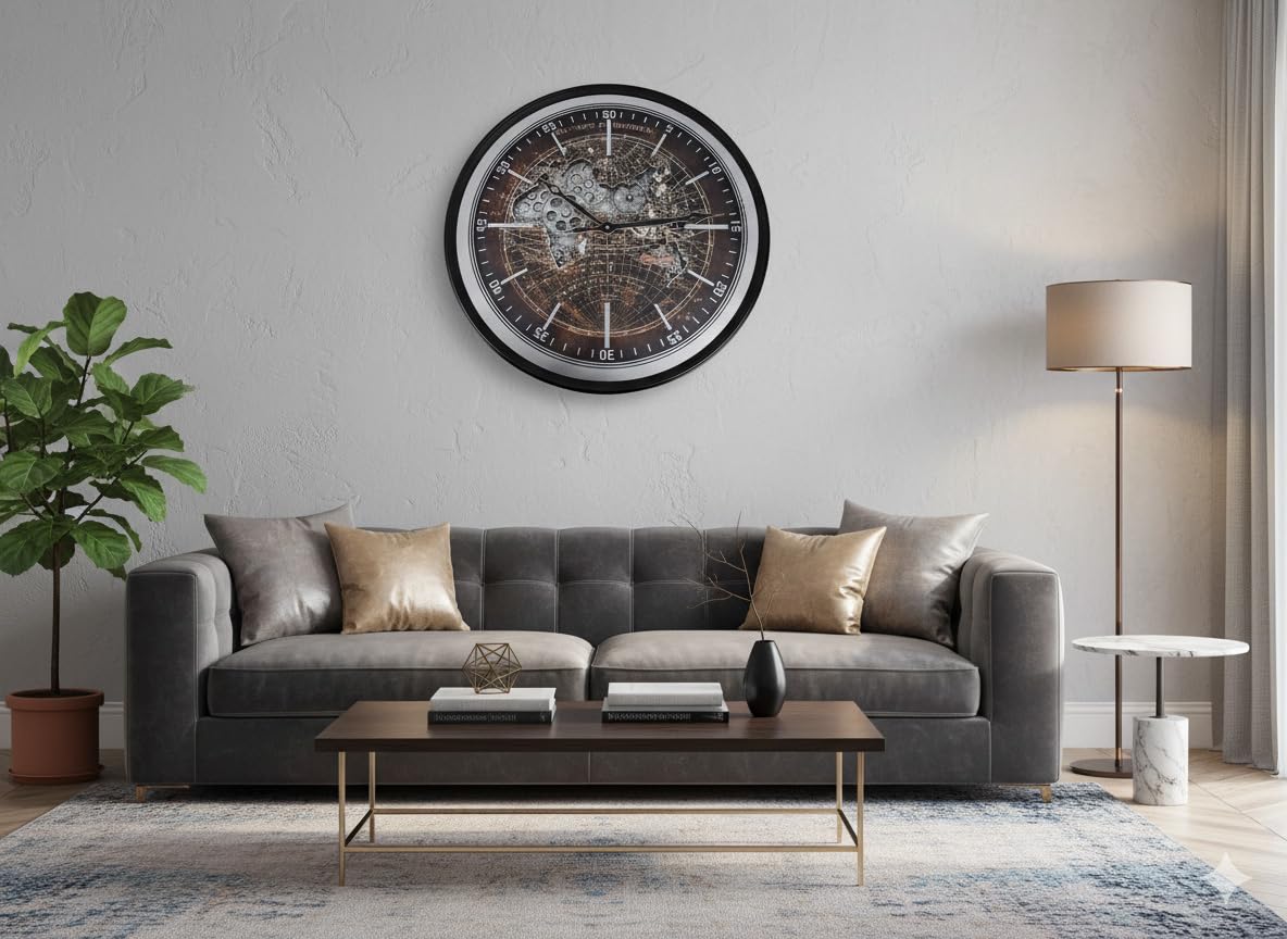 formano Große Moderne Wanduhr Welt mit Beweglichen Zahnrädern 60cm, Metall Clock