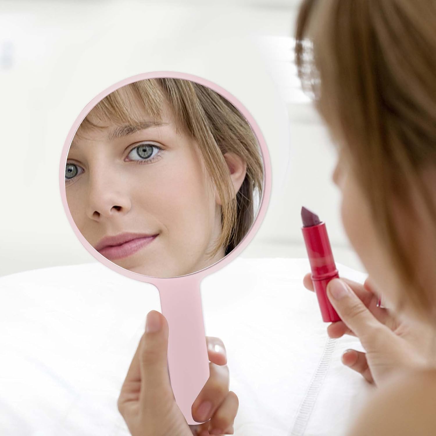 Naapesi Hand Mirror, Professional Hand Mirror with Handle, Round Shape, Hairdressers Shaving Mirror, Cosmetic Mirror, Round Pocket Mirror for Handheld, Home, Travel Use, Pink image 3