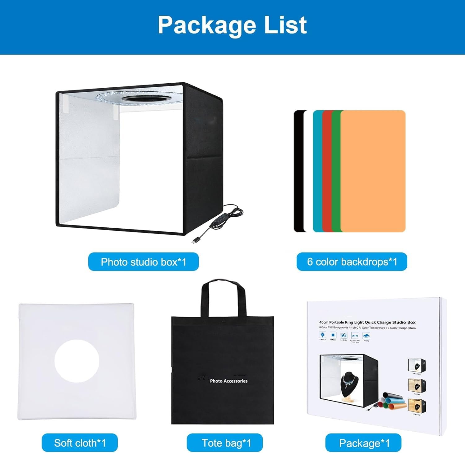 OBEST Boîte à lumière Photographie 40 * 40 * 40cm Cabine Photo Portable, Kit Tente de Prise de Vue avec 160 Lampes LED dimmables, Interface Type-C, 6 Toiles de Fond