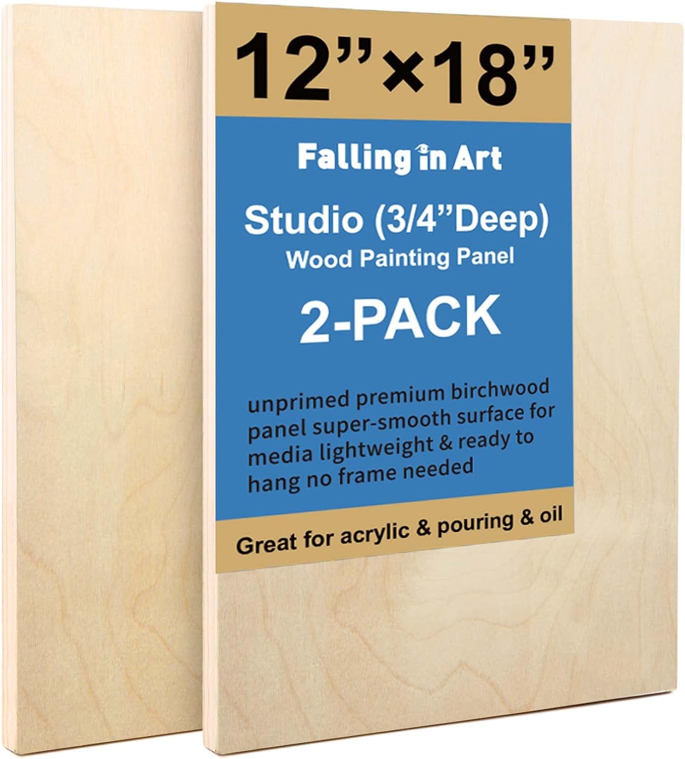 Falling in Art Unfinished Birch Wood Panels Kit for Painting, Wooden Canvas 2 Pack of 12x18 Studio 3/4" Deep, Cradle Boards for Pouring, Art, Crafts, Burning and More