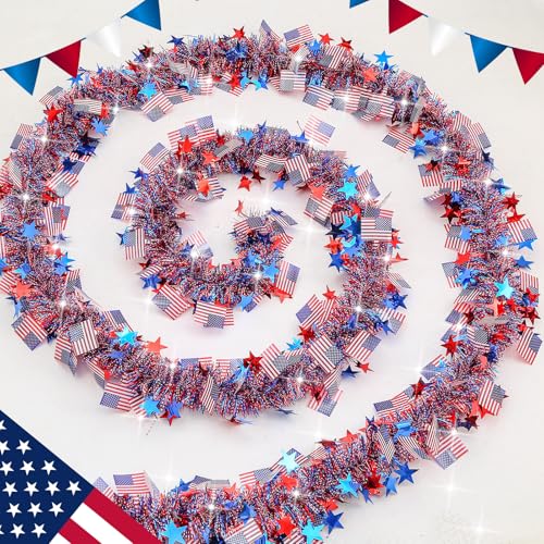 50FT 4th of July Decorations, 4th of July Tinsel Garland Red White and Blue Garland Metallic Tinsel Twist for Holiday Party Home Memorial Day 250th Anniversary Independence Day 4th of July Decorations by ZICZLI - Used condition - Image 3